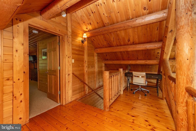 office with light hardwood / wood-style floors, wood ceiling, wooden walls, and vaulted ceiling with beams