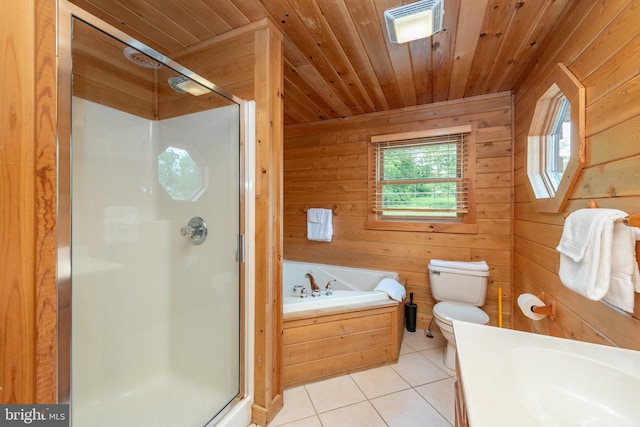 bathroom featuring wooden walls, tile patterned floors, and wood ceiling