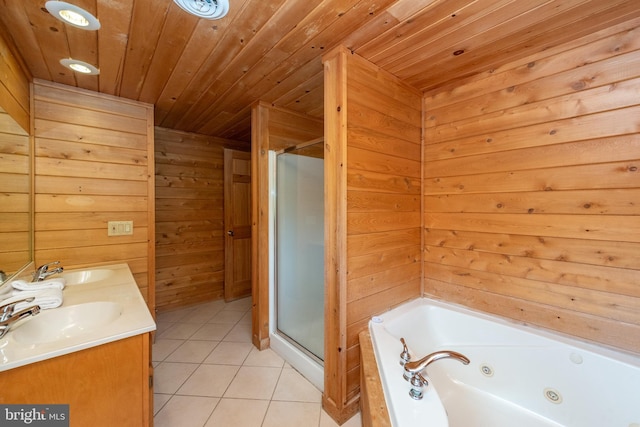 bathroom featuring wooden ceiling, tile patterned flooring, and wood walls