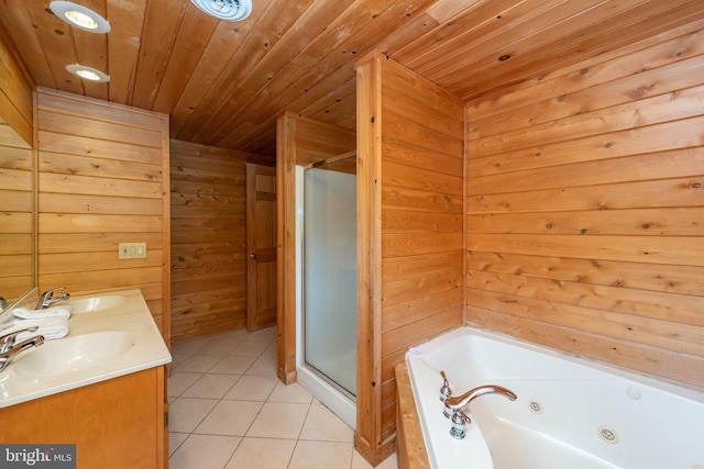 116 Wisp Mountain Rd, Mc Henry, MD 21541 - bathroom with tile patterned floors, wood walls, a stall shower, wooden ceiling, and a whirlpool tub