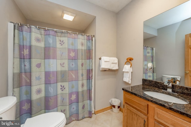 bathroom featuring walk in shower, vanity, toilet, and tile patterned flooring