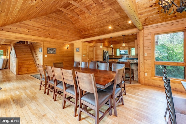116 Wisp Mountain Rd, Mc Henry, MD 21541 - dining area with wooden walls, wooden ceiling, light wood-style flooring, a chandelier, and high vaulted ceiling