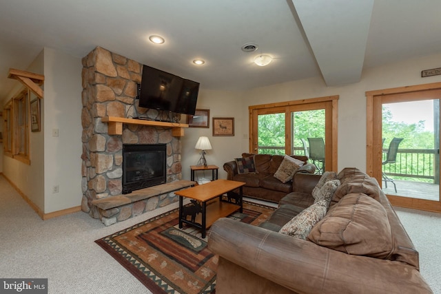 116 Wisp Mountain Rd, Mc Henry, MD 21541 - carpeted living area with a fireplace, baseboards, and recessed lighting