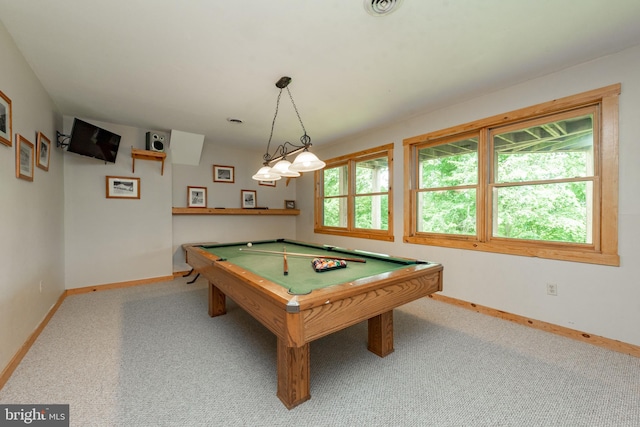 playroom with billiards, a wealth of natural light, and light carpet