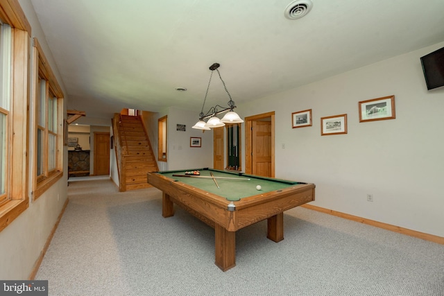 recreation room featuring light colored carpet and pool table