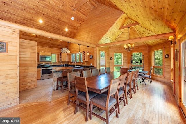 116 Wisp Mountain Rd, Mc Henry, MD 21541 - dining room with a chandelier, light wood-style floors, wooden ceiling, wooden walls, and high vaulted ceiling