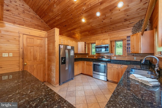 kitchen with light tile patterned flooring, stainless steel appliances, high vaulted ceiling, wood ceiling, and sink