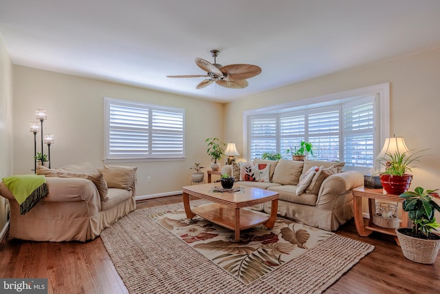 living room featuring ceiling fan and dark wood-type flooring