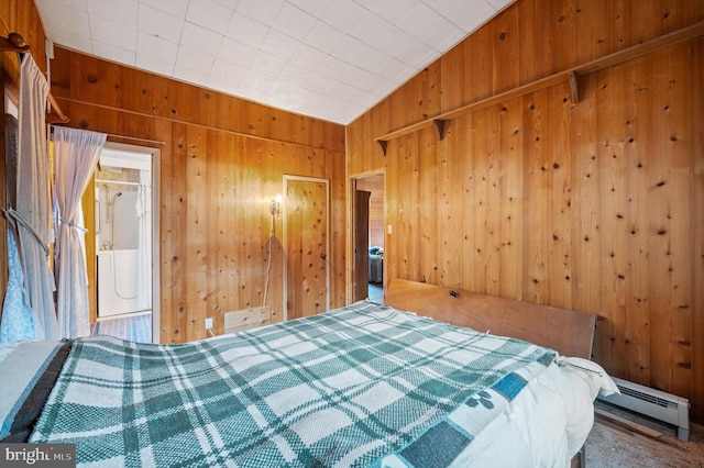 unfurnished bedroom featuring wooden walls, lofted ceiling, and a baseboard heating unit