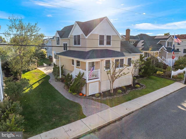 view of front of home with covered porch and a front lawn