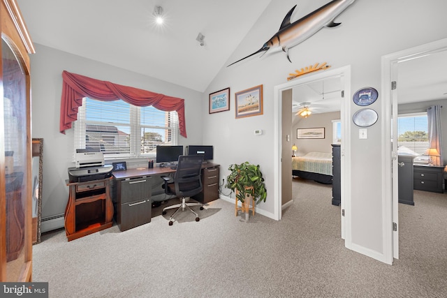 home office with lofted ceiling, ceiling fan, light colored carpet, and a baseboard radiator