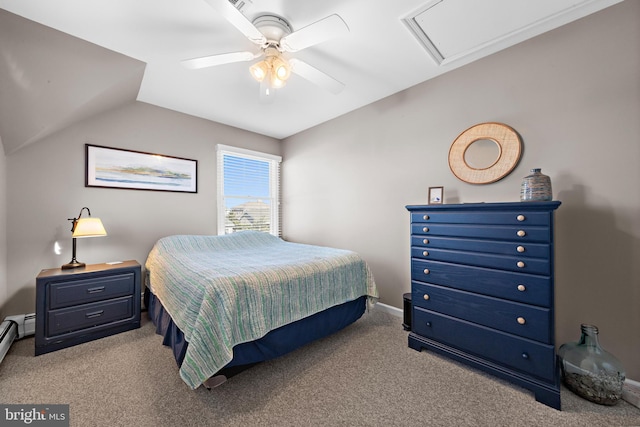 bedroom with ceiling fan, vaulted ceiling, and light colored carpet