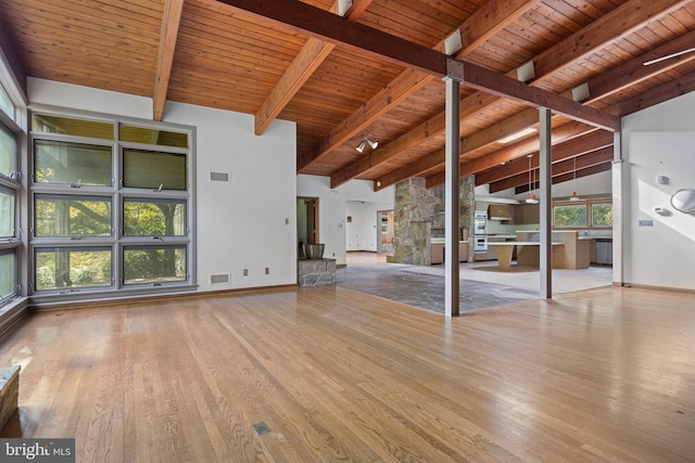 unfurnished living room with beamed ceiling, wood ceiling, high vaulted ceiling, and light hardwood / wood-style flooring