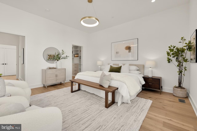 bedroom featuring light hardwood / wood-style floors and a spacious closet