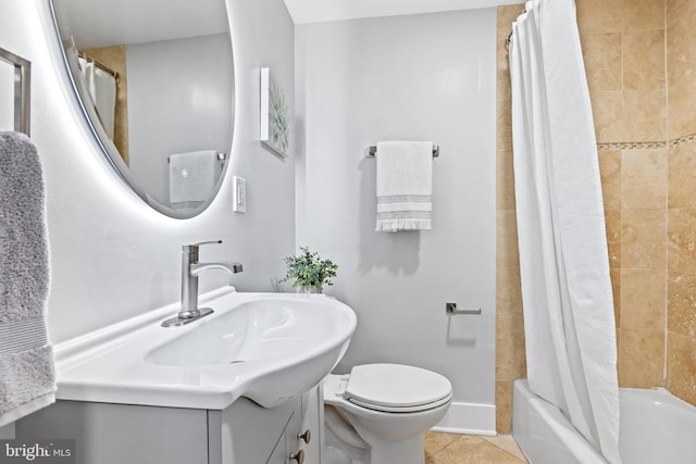 full bathroom with vanity, tile patterned flooring, toilet, and shower / tub combo with curtain