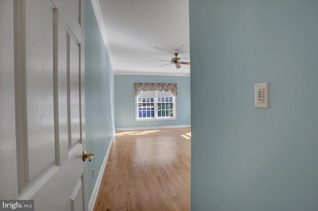 hallway featuring light hardwood / wood-style floors and crown molding