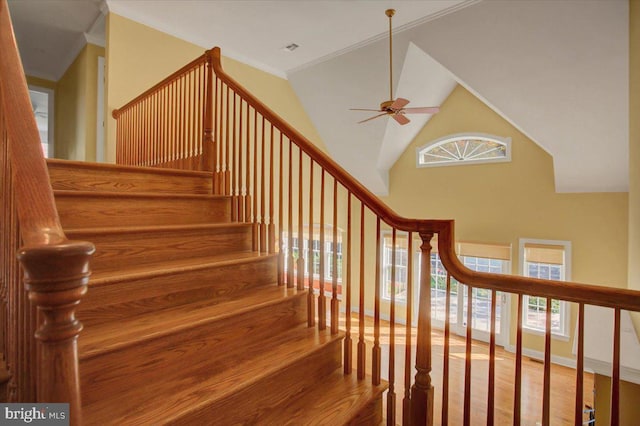 staircase featuring ceiling fan, high vaulted ceiling, ornamental molding, and hardwood / wood-style floors