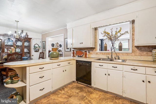kitchen featuring a peninsula, light countertops, a sink, an inviting chandelier, and dishwasher