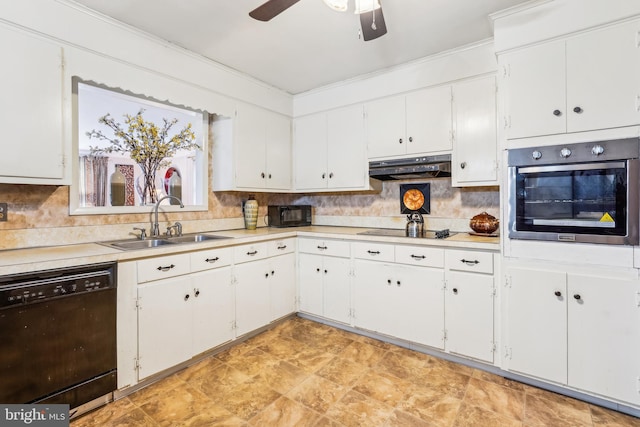 kitchen with black appliances, under cabinet range hood, a sink, and light countertops