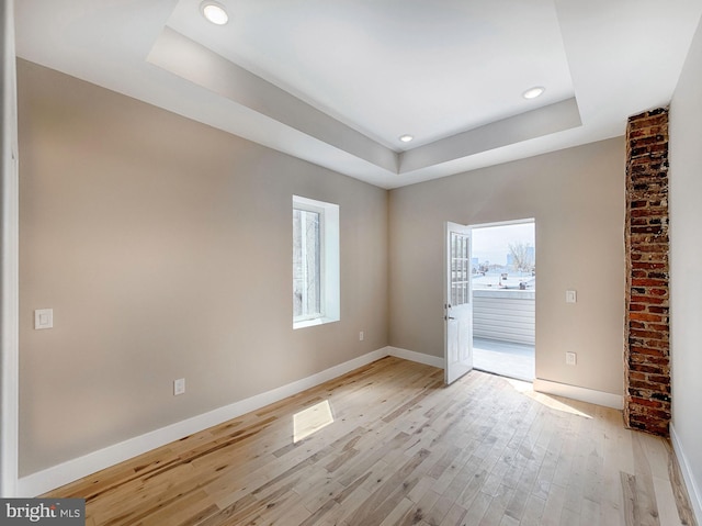 spare room with a wealth of natural light, light hardwood / wood-style floors, and a raised ceiling