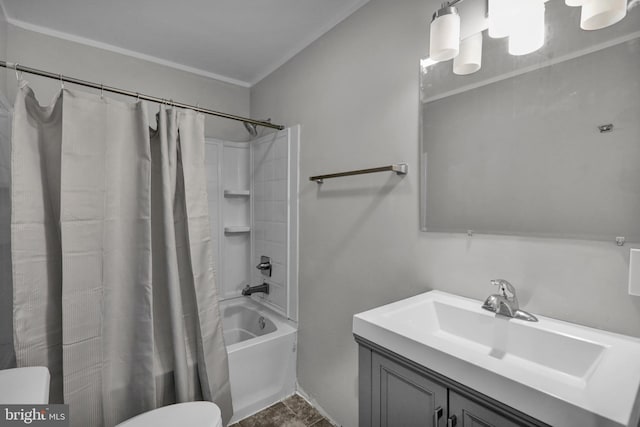 full bathroom with ornamental molding, shower / bathtub combination with curtain, vanity, and toilet