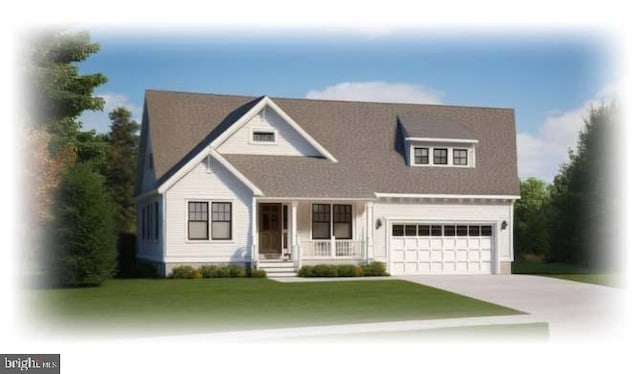 view of front of house with covered porch, a front yard, and a garage