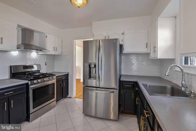 kitchen featuring appliances with stainless steel finishes, tasteful backsplash, sink, white cabinets, and wall chimney range hood