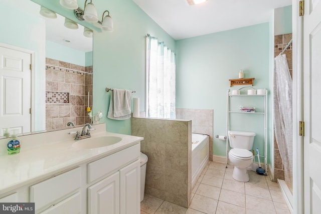 full bathroom featuring tile patterned floors, vanity, separate shower and tub, and toilet