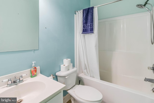 full bathroom with vanity, toilet, and shower / bathtub combination with curtain