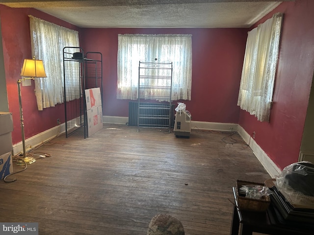 living area featuring dark hardwood / wood-style flooring and a textured ceiling