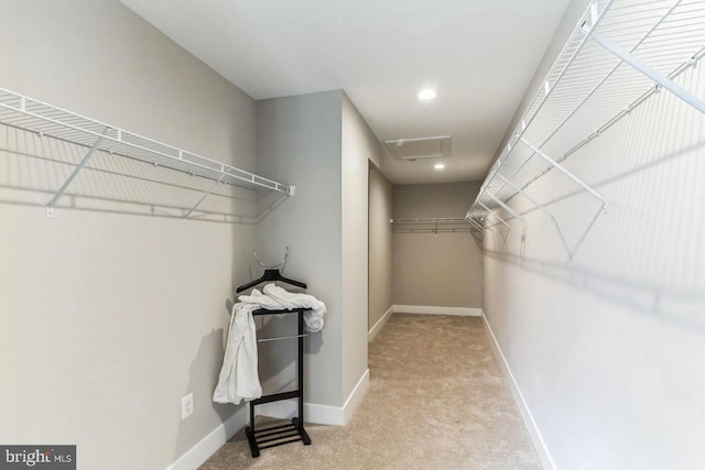 walk in closet featuring light colored carpet