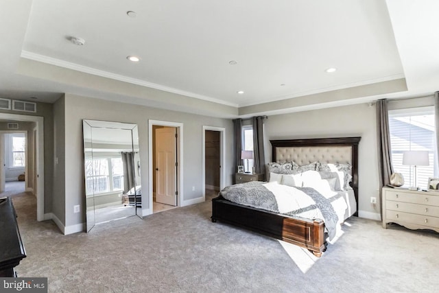 carpeted bedroom with crown molding, a closet, a raised ceiling, and a walk in closet