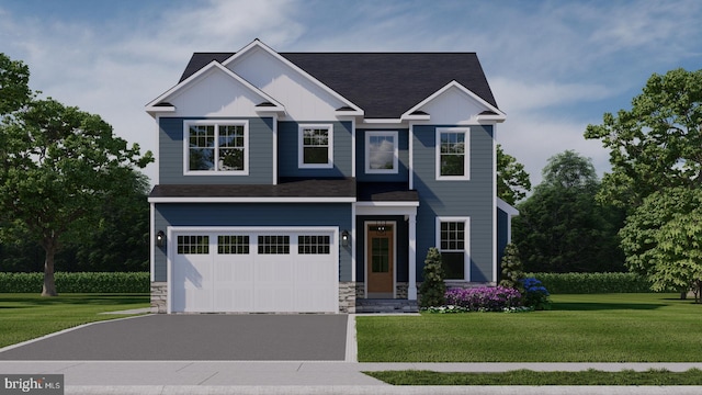 craftsman inspired home with a front yard and a garage