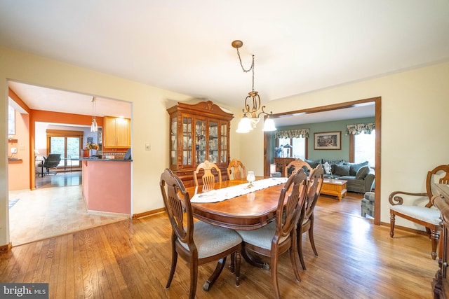 dining room with a notable chandelier and light hardwood / wood-style flooring