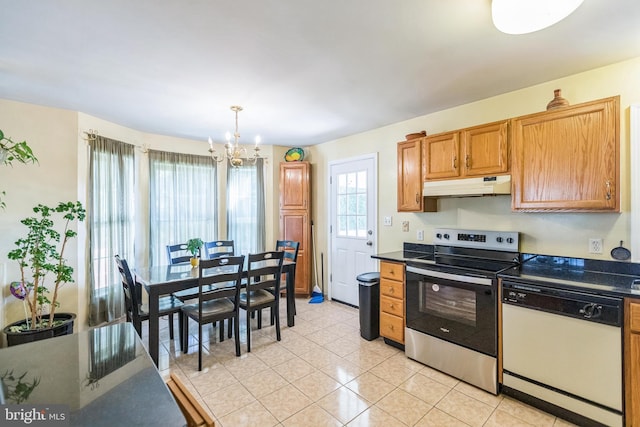 kitchen featuring under cabinet range hood, dark countertops, white dishwasher, electric range, and a notable chandelier