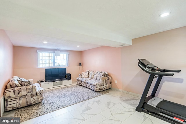 workout area with baseboards, marble finish floor, and recessed lighting