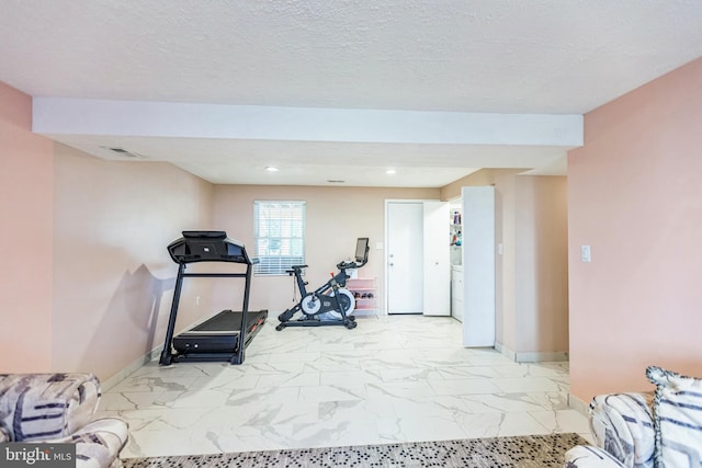 exercise room featuring marble finish floor, baseboards, visible vents, and recessed lighting
