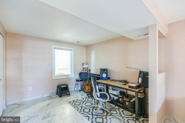 home office featuring marble finish floor, baseboards, and visible vents