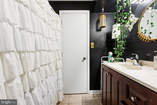 full bath with tile patterned floors, a shower with curtain, and vanity