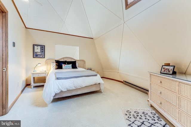 bedroom featuring lofted ceiling, ceiling fan, carpet flooring, crown molding, and baseboard heating