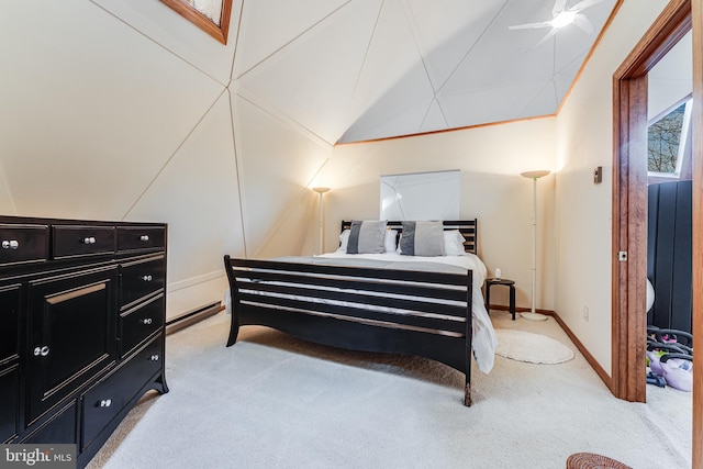 bedroom featuring ceiling fan and light carpet