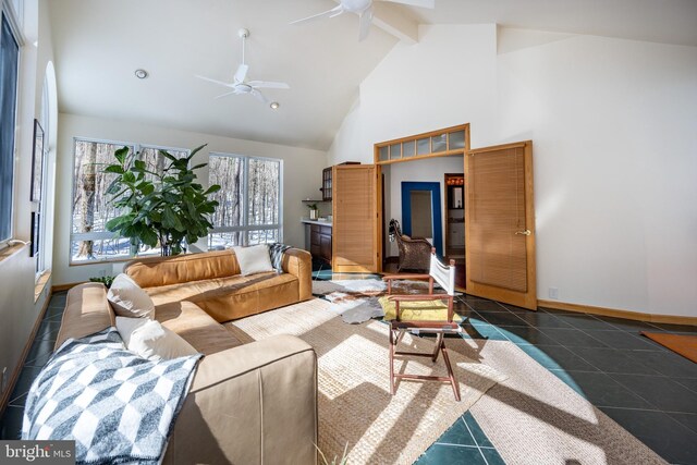 621 Paradise Hts, Oakland, MD 21550 - living area with beamed ceiling, ceiling fan, dark tile patterned floors, and high vaulted ceiling