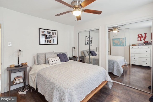 bedroom featuring ceiling fan and dark hardwood / wood-style floors