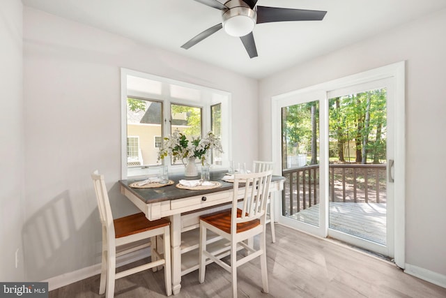 dining space with wood-type flooring and ceiling fan