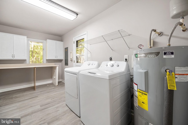 laundry room with electric panel, water heater, washer and clothes dryer, and light hardwood / wood-style flooring