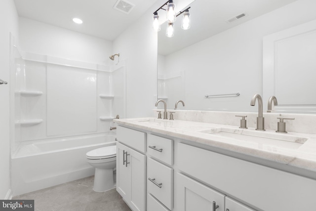 full bathroom featuring vanity, toilet, and washtub / shower combination