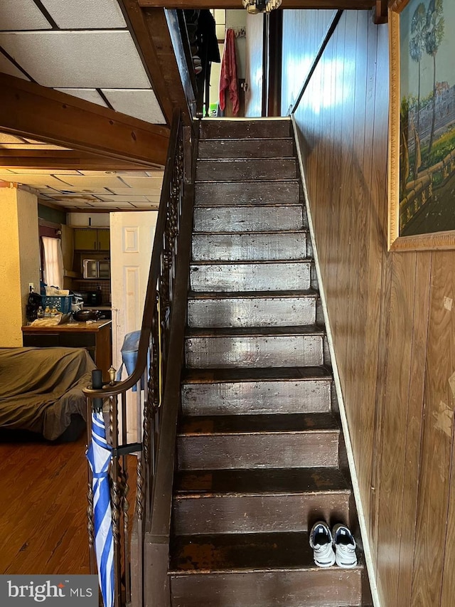 stairs with hardwood / wood-style flooring and wooden walls