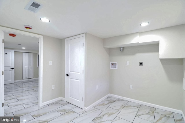 clothes washing area with electric dryer hookup, baseboards, visible vents, hookup for a washing machine, and marble finish floor