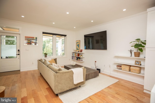 living room featuring crown molding and light wood-type flooring