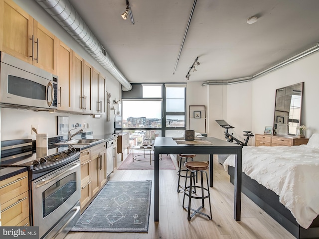 kitchen featuring expansive windows, light brown cabinets, sink, appliances with stainless steel finishes, and light hardwood / wood-style floors